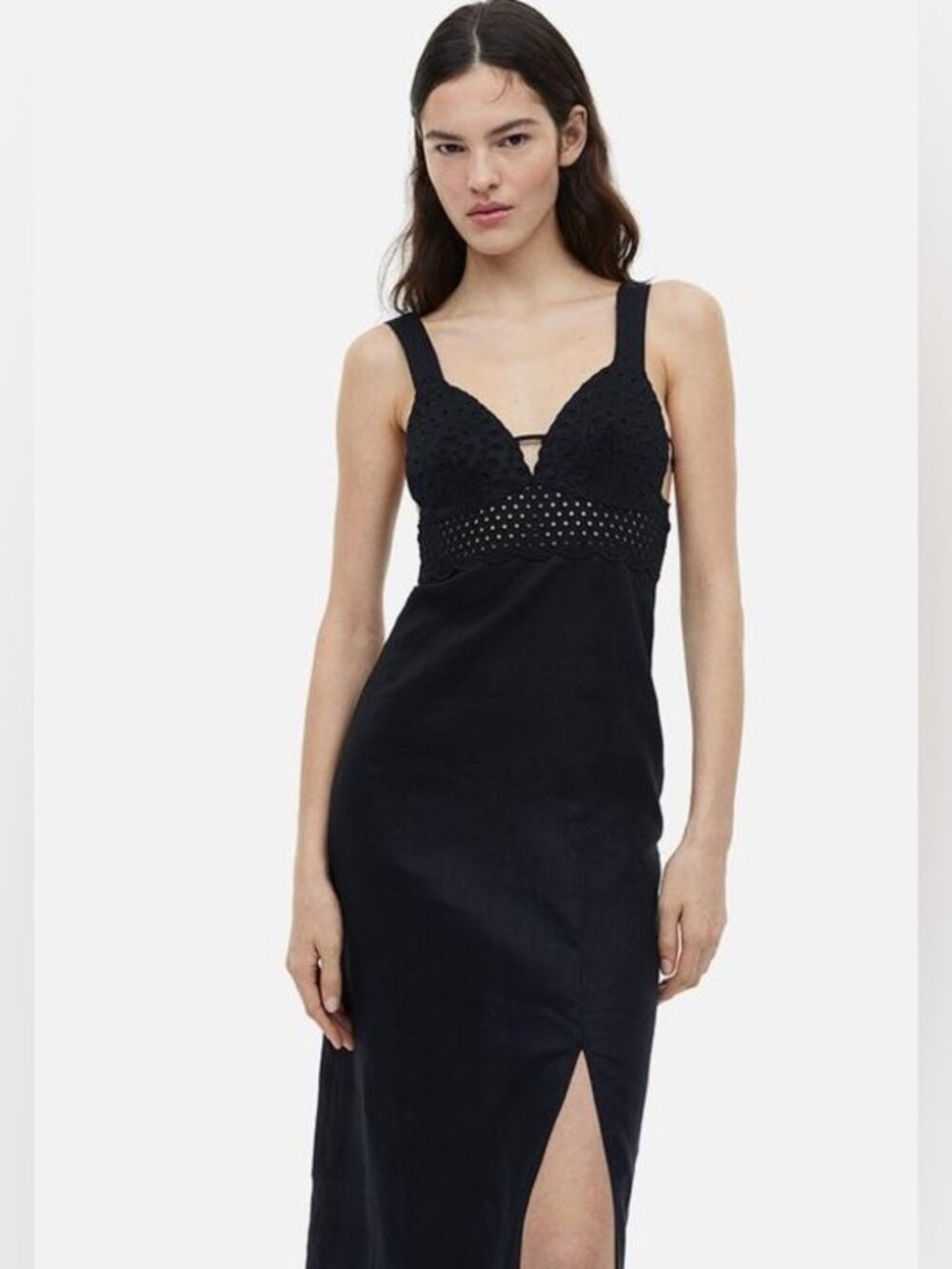NEW H&M size M 100% Linen Midi Eyelet Sweetheart Tie Strappy Back Slip Dress